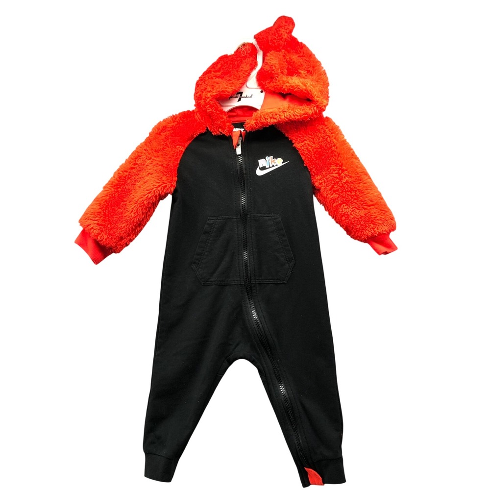 Nike Baby 12M Fuzzy Sherpa Hooded Coverall Romper Black Red Full Zip Sweatsuit